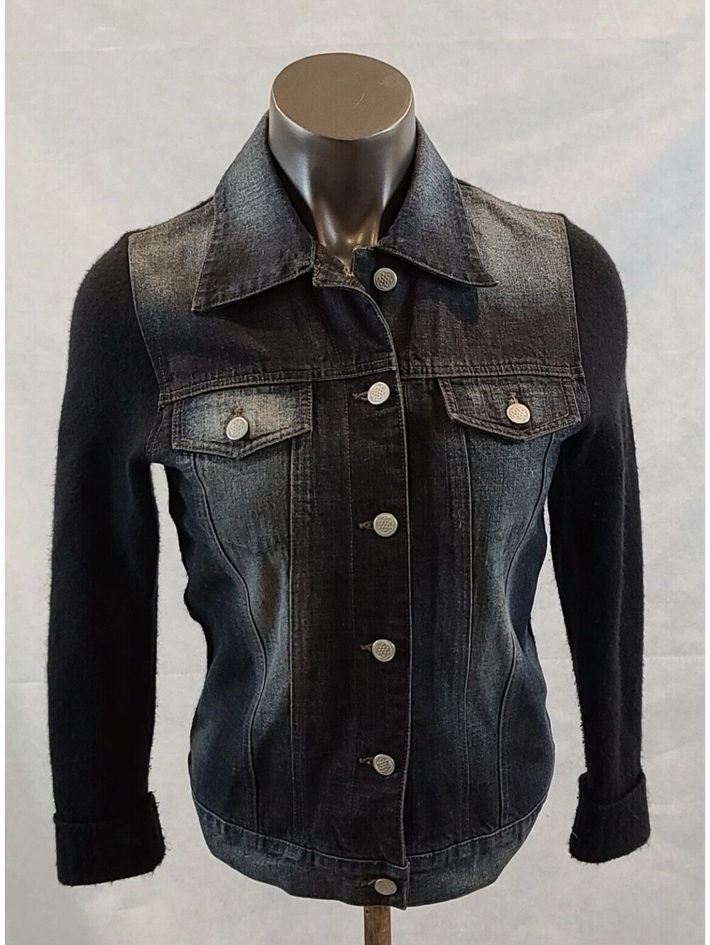 “One Girl Who”Size Small Women's Distressed Cuffed Sleeve Denim & Fleece Jacket